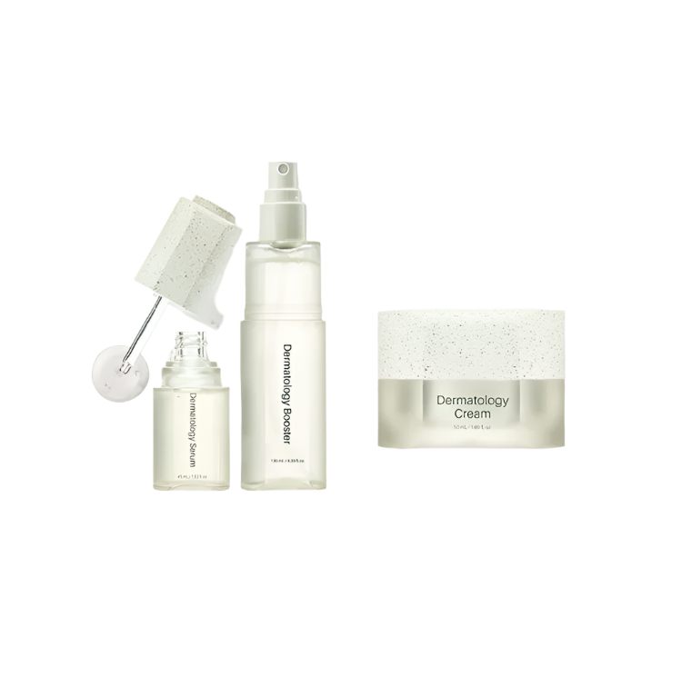 Minimalist Korean skincare set featuring Dermatology Serum, Booster, and Cream in frosted glass packaging with white speckled caps.
