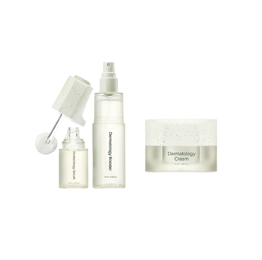 Minimalist Korean skincare set featuring Dermatology Serum, Booster, and Cream in frosted glass packaging with white speckled caps.